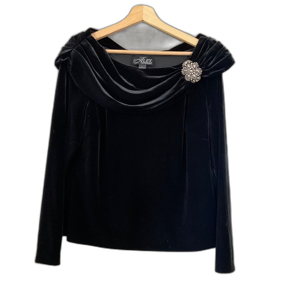 Alex Evenings Velvet Embellished Jewel Neck Evening Top Women’s L Black Holiday - Picture 1 of 11